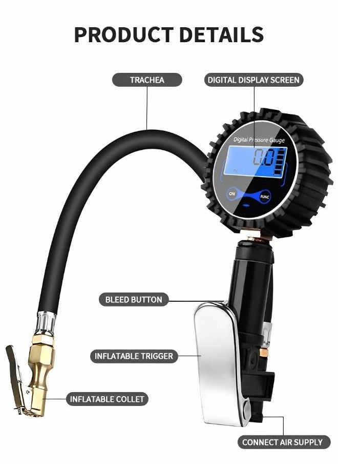 GROIC - منفاخ الإطارات الرقمي مع مقياس الضغط 200 رطل لكل بوصة مربعة وملحقات الضاغط مع خرطوم مطاطي ومقرنة توصيل سريعة لدقة عرض 0.1، ومستلزمات السيارات - Image 1