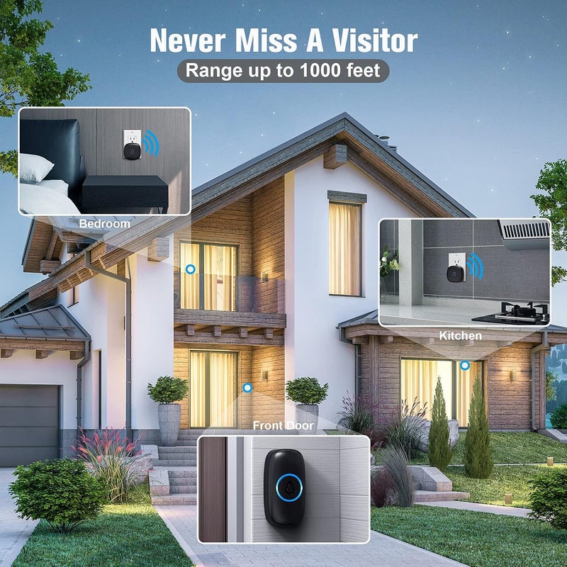 SECRUI Wireless Doorbell with 2 Buttons, Waterproof Mini Door Bell 1,000ft Range 110dB Mute Mode 58 Door Chimes & Colorful LED Flashing - Black - Image 5