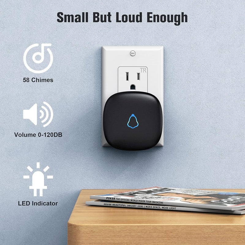 SECRUI Wireless Doorbell with 2 Buttons, Waterproof Mini Door Bell 1,000ft Range 110dB Mute Mode 58 Door Chimes & Colorful LED Flashing - Black - Image 3