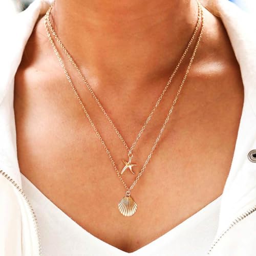 Tgirls Boho Starfish Layered Necklace Shell Pendant Necklace Silver Necklaces Chain for Women (Gold) - Image 2
