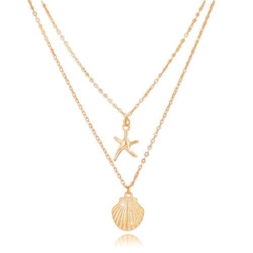 Tgirls Boho Starfish Layered Necklace Shell Pendant Necklace Silver Necklaces Chain for Women (Gold) - Image 1