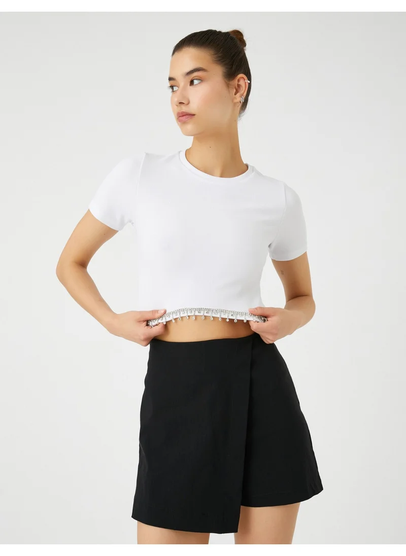 كوتون Crop T-Shirt with Shiny Stone Detail Crew Neck Short Sleeve