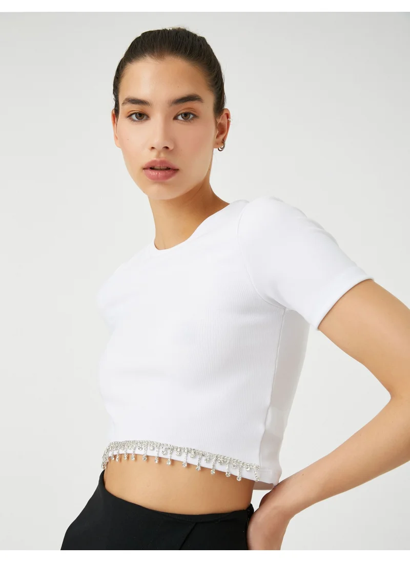 كوتون Crop T-Shirt with Shiny Stone Detail Crew Neck Short Sleeve