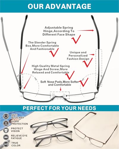 acavefox 3 Pack Blue Light Blocking Reading Glasses Men Readers Anti UV Lightweight and Sturdy Full Frame Metal Spring Hinge Eyeglasses 2.0+ - Image 3