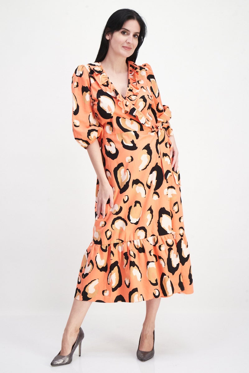 RIVER ISLAND Women Allover Print Midi Dress, Coral Combo - Image 1