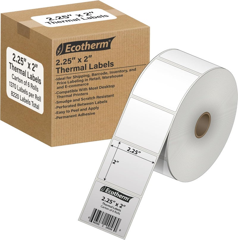 Ecotherm 2.25" x 2" Thermal Labels | 6 Rolls | 8220 Labels | fits Zebra, Munbyn, Rollo, Godex, Arkscan, iDPRT, Offnova Thermal Label Printers and More | Blank White Adhesive Stickers by - Image 1