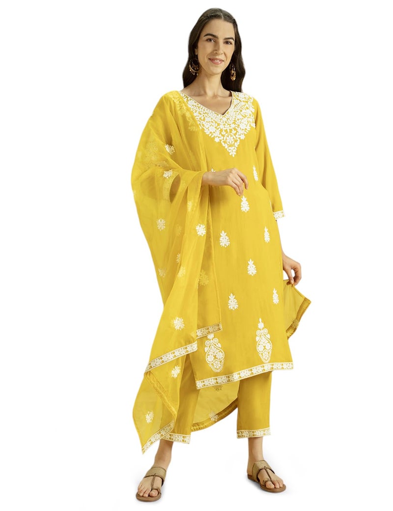 Kaari Women's Chikankari Kurta Set with Dupatta - Straight Fit | Organza Dupatta | Straight Pant with Side Pocket | Kurta Set for Women - Image 3