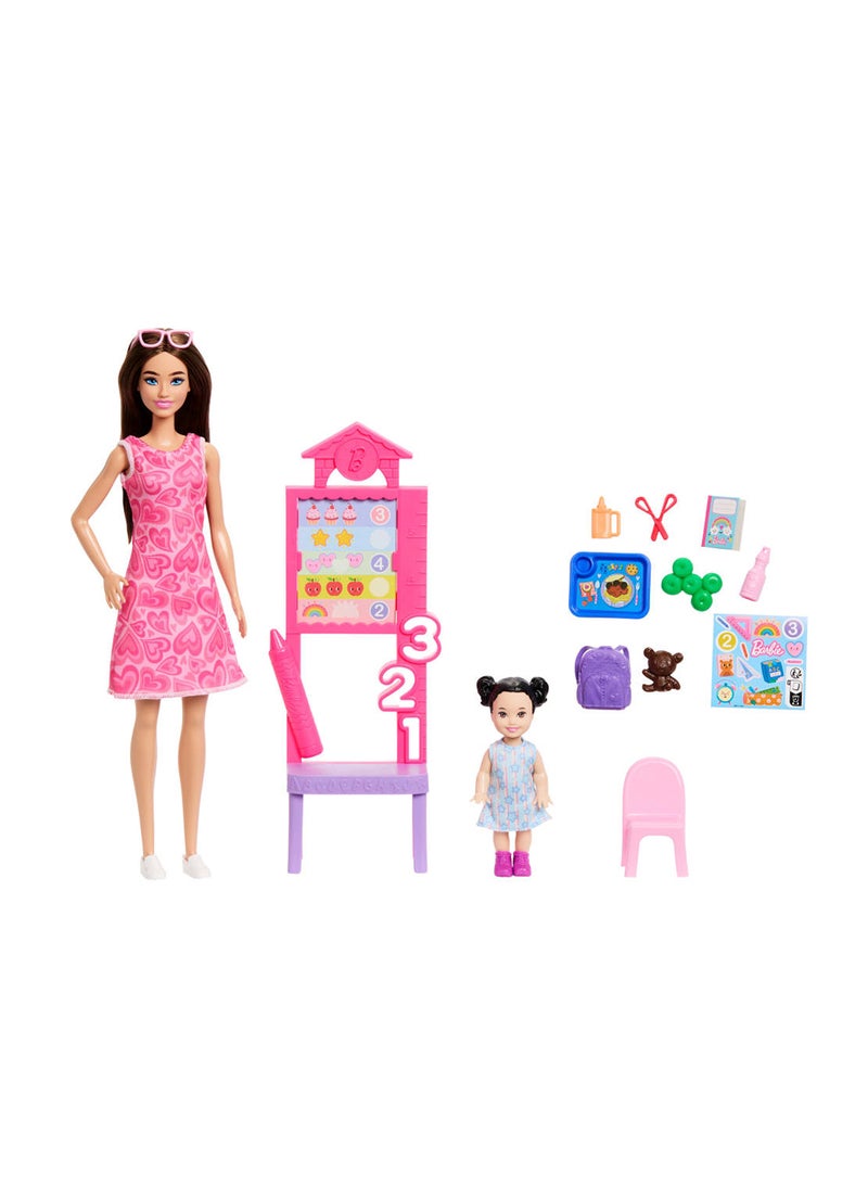 Barbie Careers Teacher Playset with Fashion Doll Wearing Removable Dress, Toddler Small Doll, Classroom Board & Accessories - Image 1
