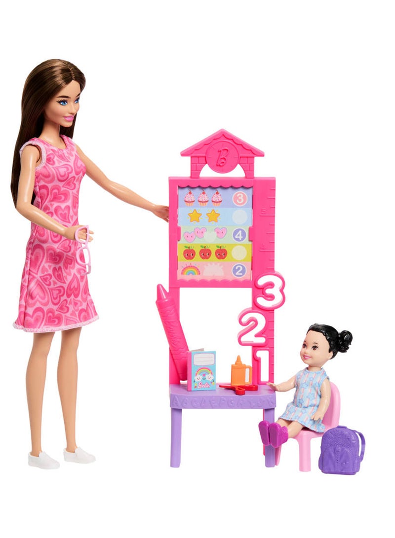 Barbie Careers Teacher Playset with Fashion Doll Wearing Removable Dress, Toddler Small Doll, Classroom Board & Accessories - Image 3