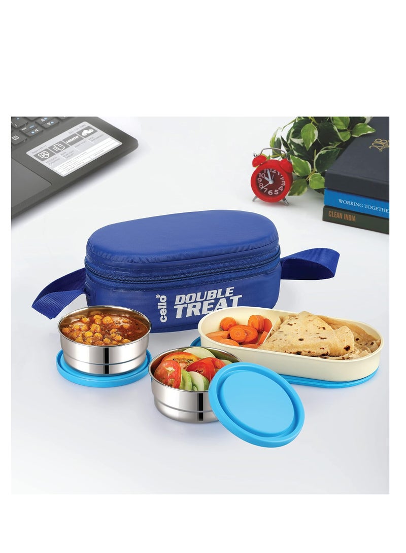 Cello Cello double treat lunch box with insulated fabric jacket, blue, three container, (2 stainless steel round container - 300 ml, 1 plastic oval container) tiffin box with bag  - Image 1