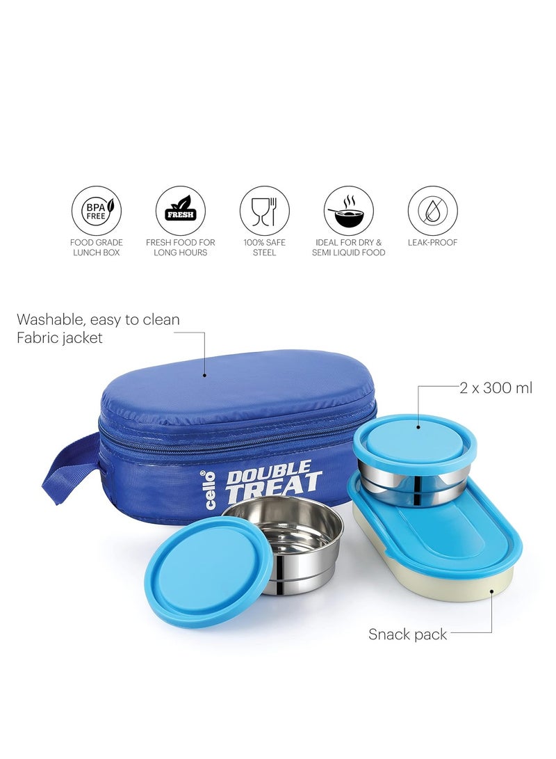 Cello Cello double treat lunch box with insulated fabric jacket, blue, three container, (2 stainless steel round container - 300 ml, 1 plastic oval container) tiffin box with bag  - Image 2