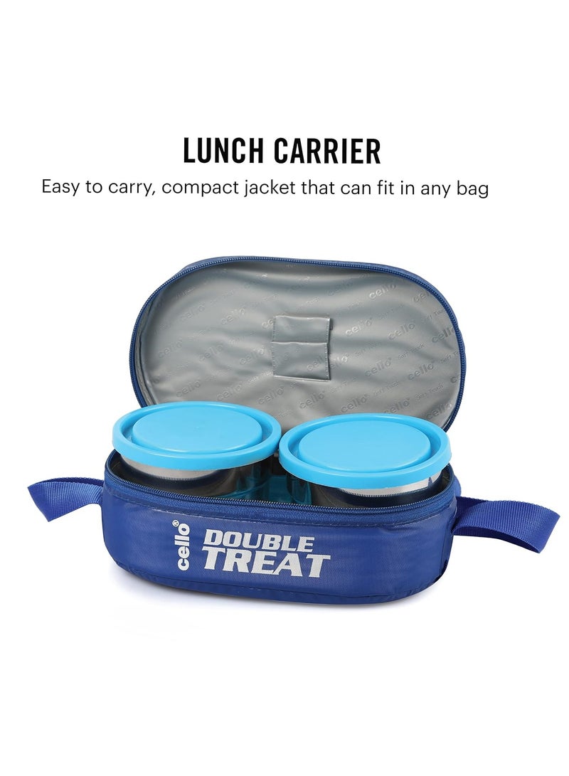 Cello Cello double treat lunch box with insulated fabric jacket, blue, three container, (2 stainless steel round container - 300 ml, 1 plastic oval container) tiffin box with bag  - Image 3