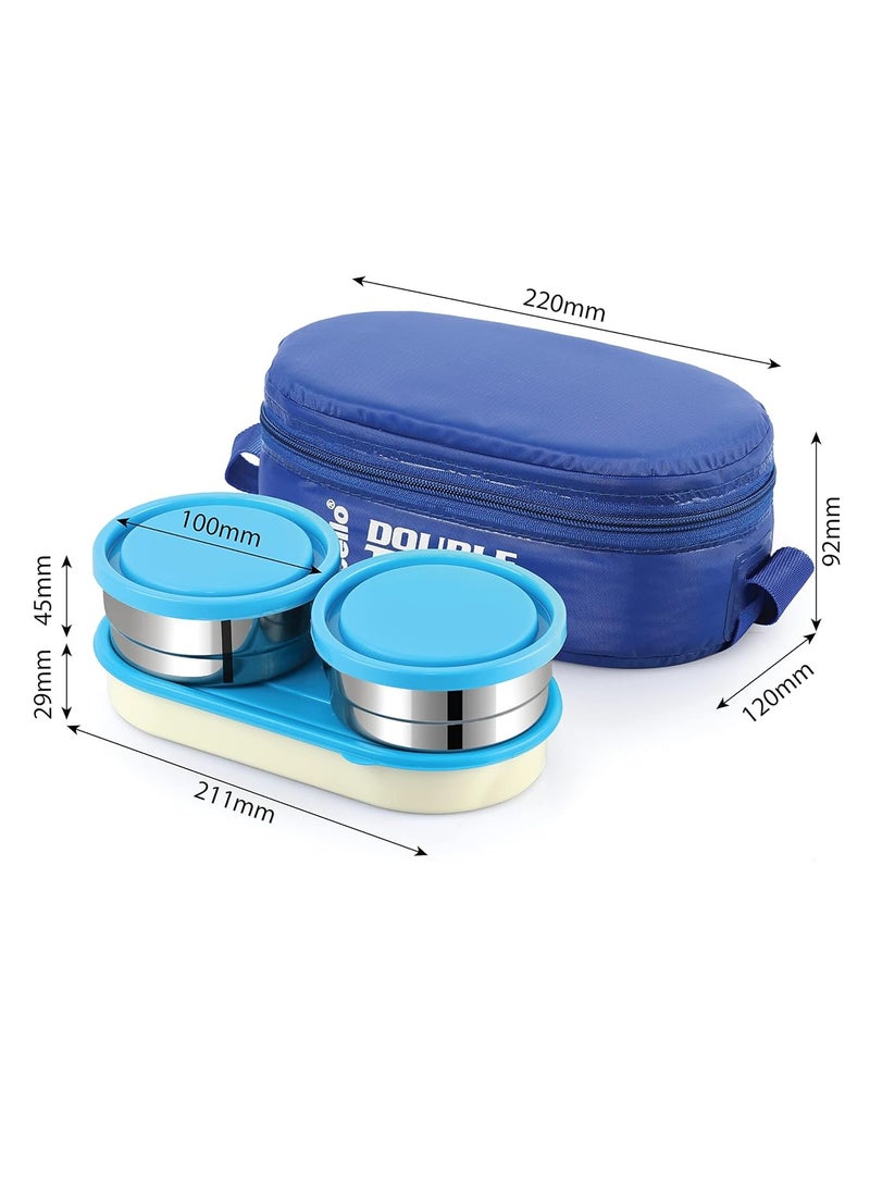 Cello Cello double treat lunch box with insulated fabric jacket, blue, three container, (2 stainless steel round container - 300 ml, 1 plastic oval container) tiffin box with bag  - Image 4