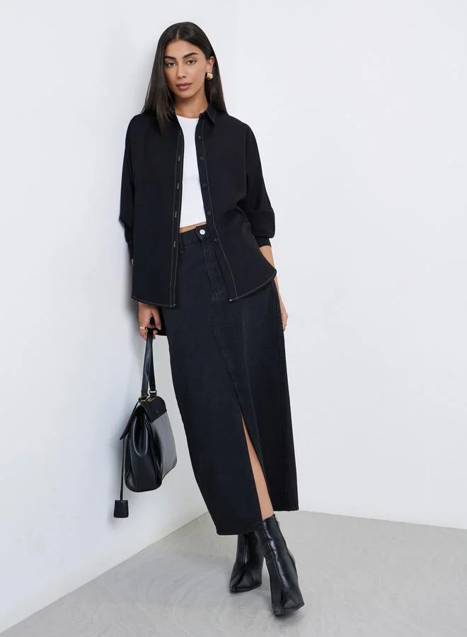 Styli Styli Black Oversized Shirt with Button Placket
