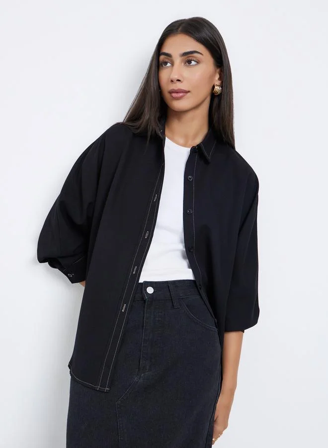 Styli Styli Black Oversized Shirt with Button Placket