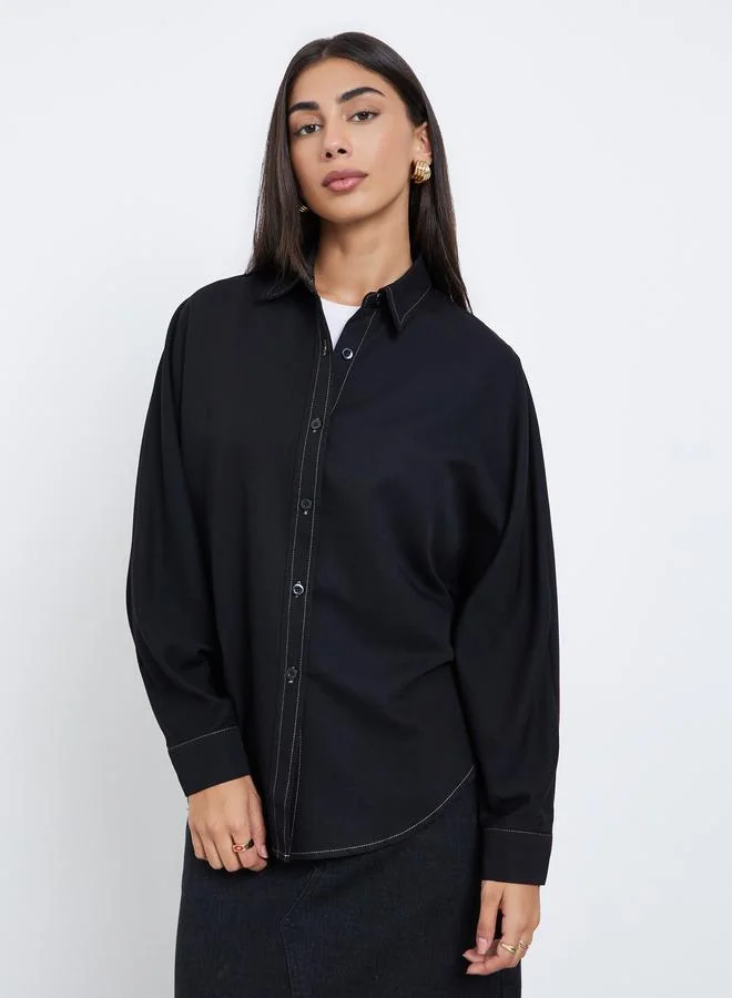 Styli Styli Black Oversized Shirt with Button Placket