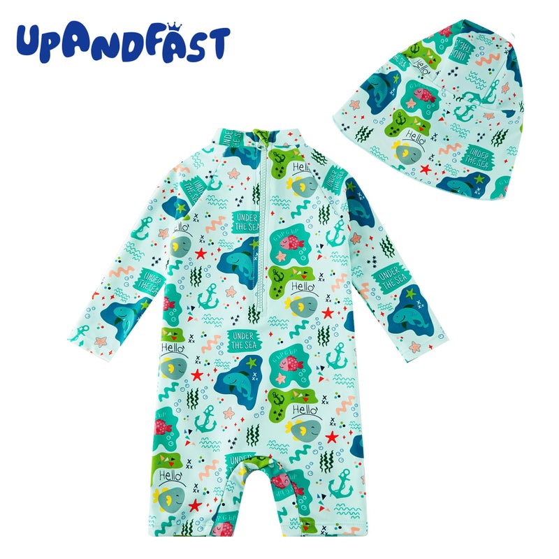 upandfast Baby/Toddler Swimsuit UPF 50+ Sun Protection One Piece Zipper Bathing Suit with Sun Hat Infant Beach Swimwear (Green Shark,6-9 Months) - Image 3