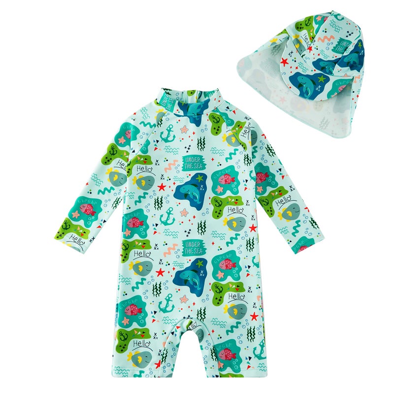 upandfast Baby/Toddler Swimsuit UPF 50+ Sun Protection One Piece Zipper Bathing Suit with Sun Hat Infant Beach Swimwear (Green Shark,6-9 Months) - Image 1