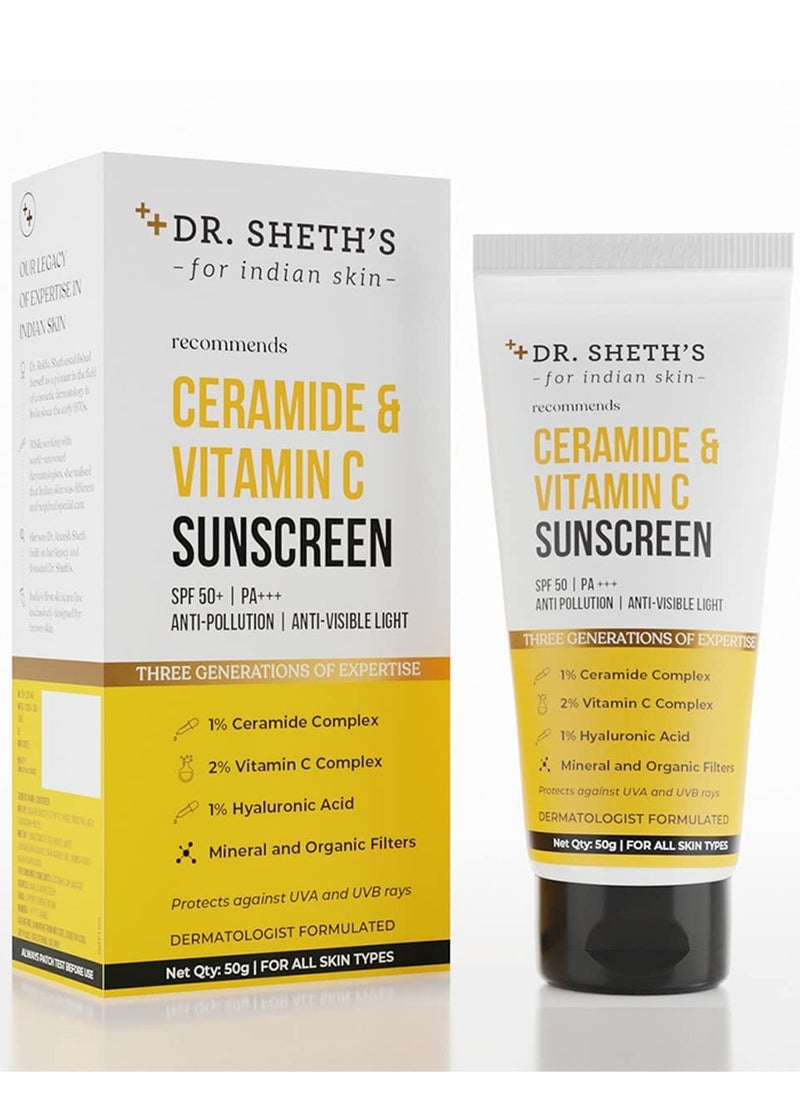 Dr. Sheth's Dr. Sheth's Women and  Men Ceramide and  Vitamin C Sunscreen For All Skin Types Spf 50+ Pa+++ For Deep Moisturization Non Greasy Quick Absorbing Zero White Cast 50G  - Image 1