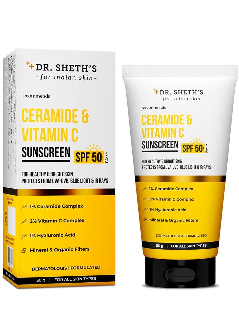 Dr. Sheth's Women and  Men Ceramide and  Vitamin C Sunscreen For All Skin Types Spf 50+ Pa+++ For Deep Moisturization Non Greasy Quick Absorbing Zero White Cast 50G - Image 1