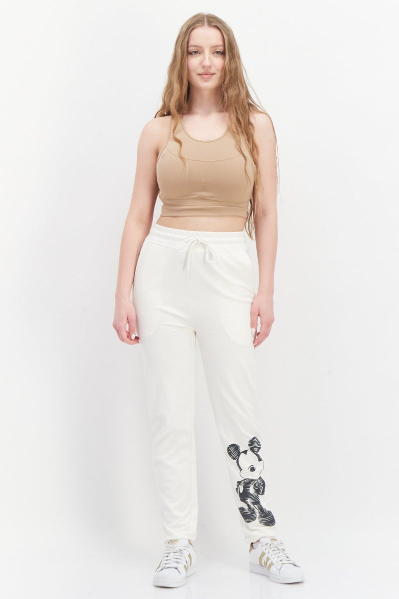 MICKEY MOUSE Women Drawstring Graphic Print Sweatpants, Off White - Image 4