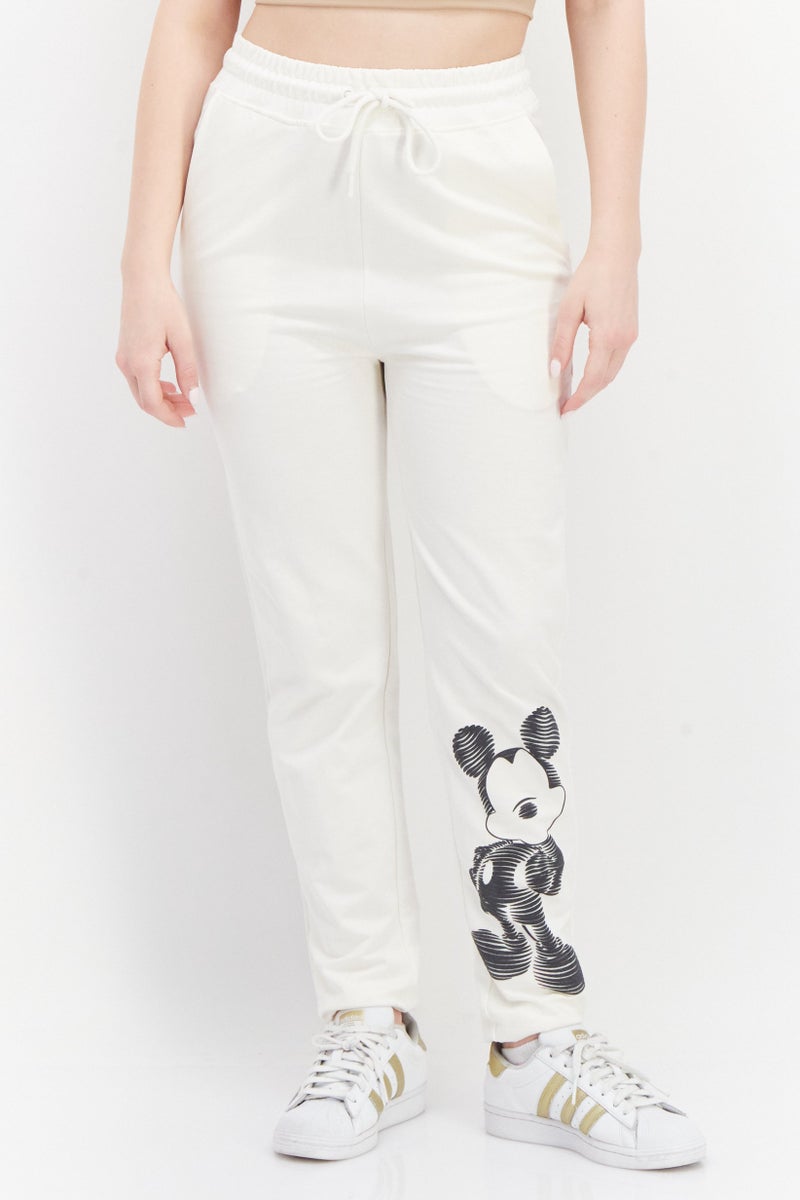 MICKEY MOUSE Women Drawstring Graphic Print Sweatpants, Off White - Image 1