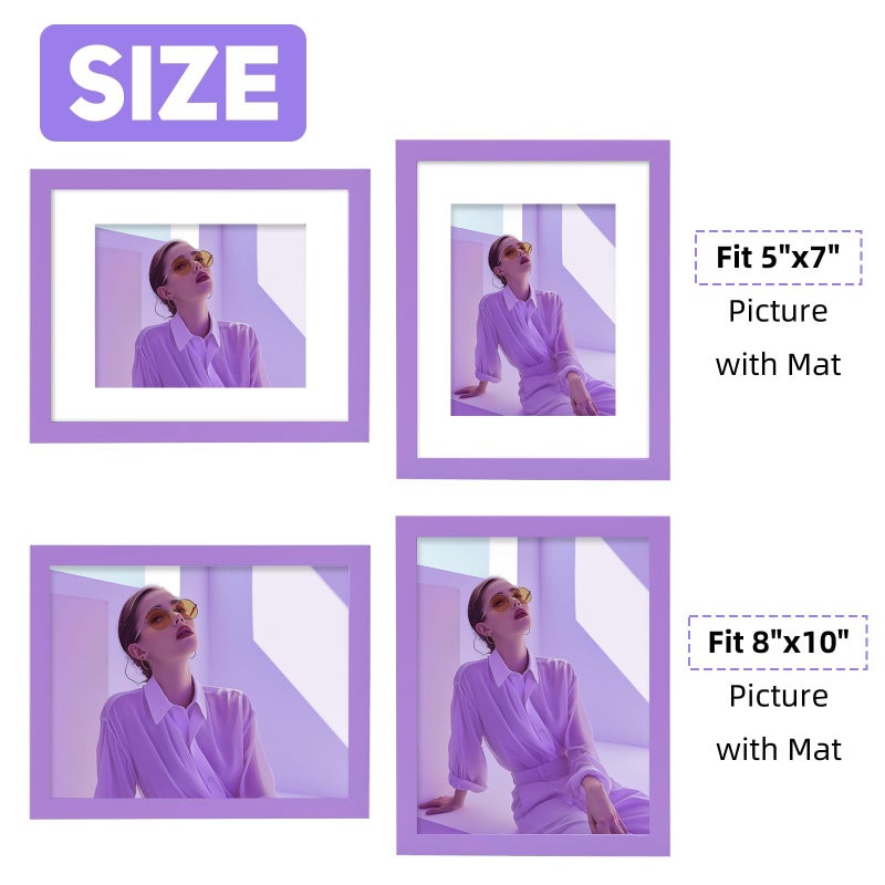 Muzilife 8x10 Wood Picture Frame Flat Display Pictures 5x7 with Mat or 8x10 Without Mat for Wall or Tabletop 2pcs  Purple - Image 4