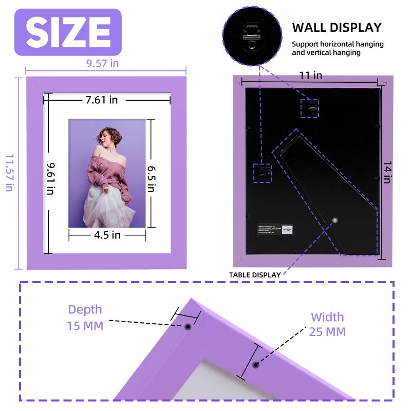 Muzilife 8x10 Wood Picture Frame Flat Display Pictures 5x7 with Mat or 8x10 Without Mat for Wall or Tabletop 2pcs  Purple - Image 3