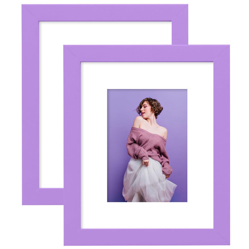 Muzilife 8x10 Wood Picture Frame Flat Display Pictures 5x7 with Mat or 8x10 Without Mat for Wall or Tabletop 2pcs  Purple - Image 1