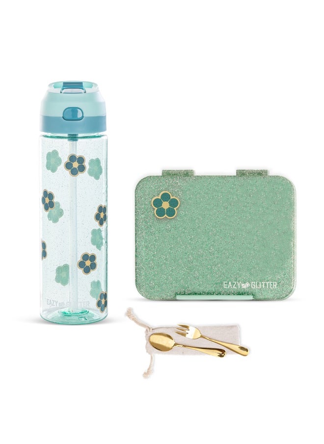 Eazy Kids Eazy Kids 6 & 4 Convertible Bento Lunch Box w/ Water Bottle - Glitter Green  - Image 1