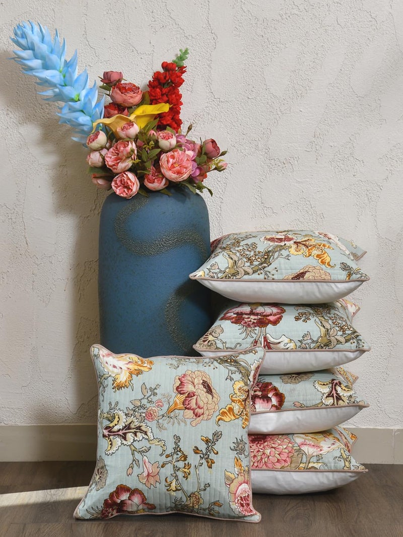 Clasiko Cotton 300 TC Cushion Covers Set of 5; 16X16 Inches; Multicolor Flowers On Green - Image 2