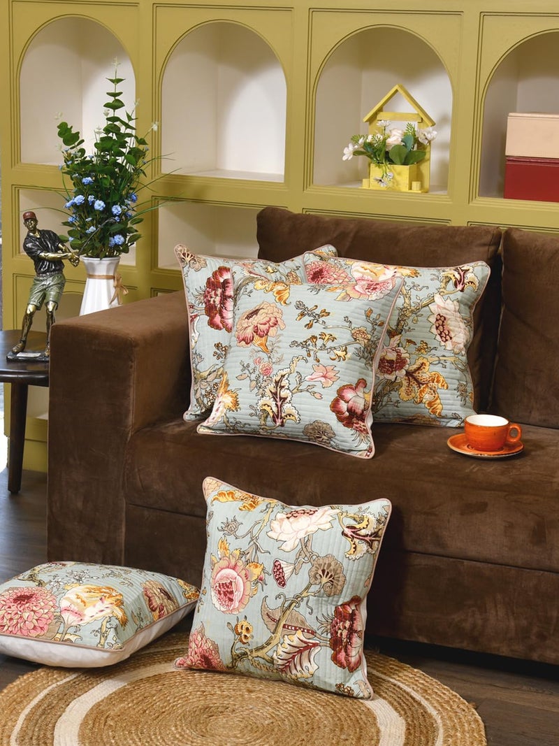 Clasiko Cotton 300 TC Cushion Covers Set of 5; 16X16 Inches; Multicolor Flowers On Green - Image 3