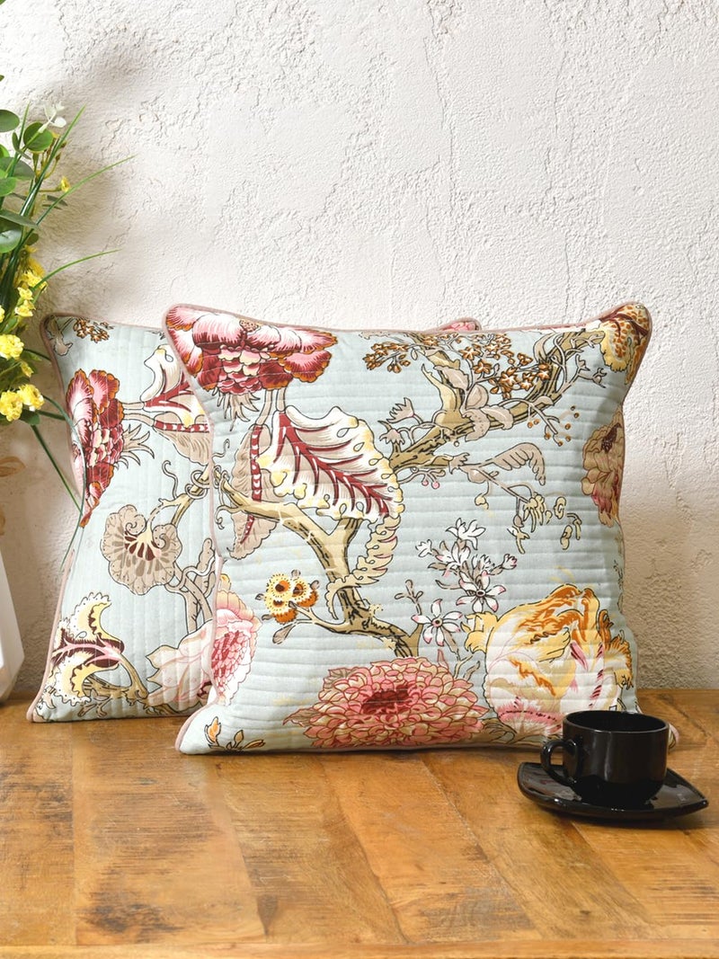 Clasiko Cotton 300 TC Cushion Covers Set of 5; 16X16 Inches; Multicolor Flowers On Green - Image 5