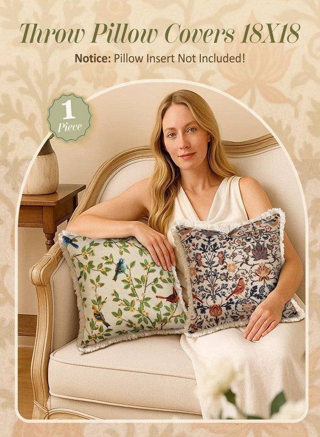 Kokaaee Decorative Throw Pillow Cover 18x18 - Vintage Pillowcovers with Fringe Bird Flower Cute Embroidered Pillow Case with Zipper for Living Room Couch Sofa Bed Rustic Boho Design Abstract - Image 4