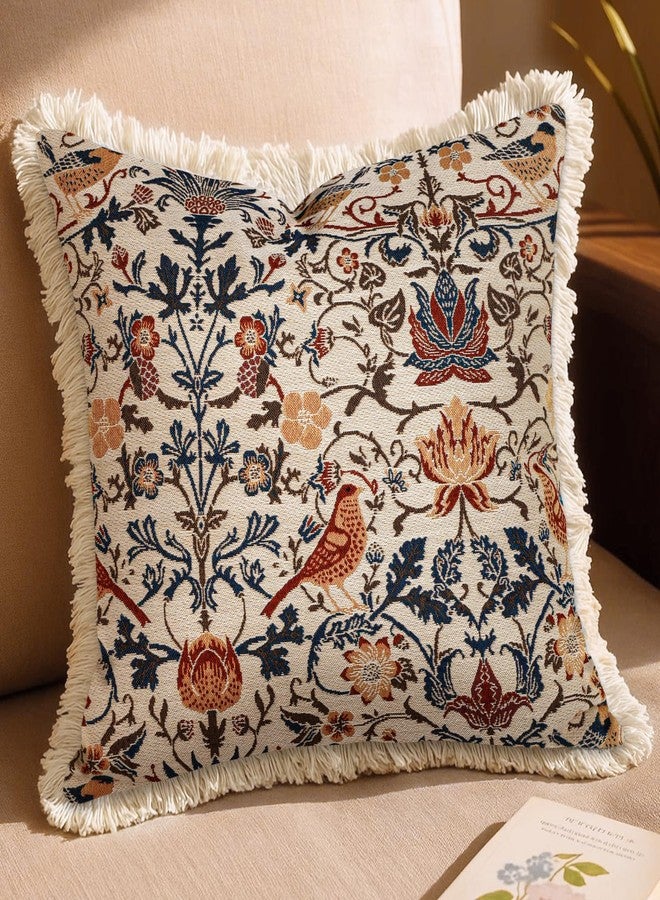 Kokaaee Decorative Throw Pillow Cover 18x18 - Vintage Pillowcovers with Fringe Bird Flower Cute Embroidered Pillow Case with Zipper for Living Room Couch Sofa Bed Rustic Boho Design Abstract - Image 1