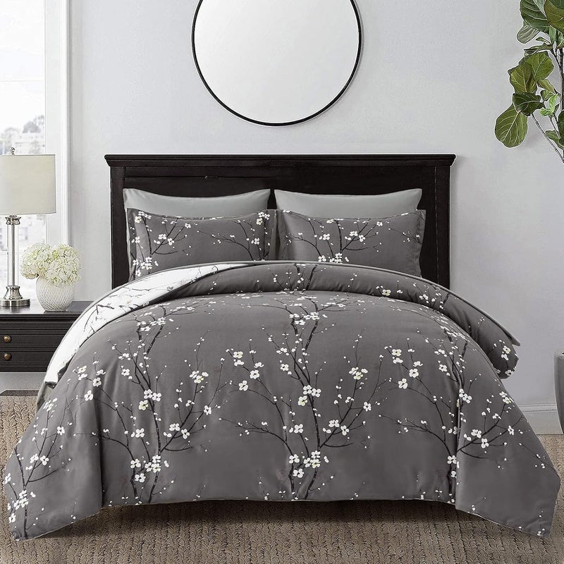 WONGS BEDDING مجموعة أغطية لحاف رمادية بيضاء قابلة للتحويل، مكونة من 3 قطع، مطبوع عليها أغصان الأشجار وزهور التوت، مقاس كينج (220x230 سم) - Image 1