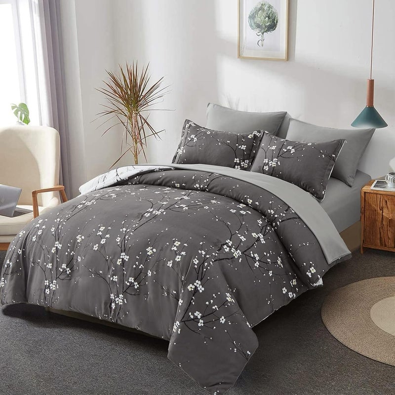 WONGS BEDDING مجموعة أغطية لحاف رمادية بيضاء قابلة للتحويل، مكونة من 3 قطع، مطبوع عليها أغصان الأشجار وزهور التوت، مقاس كينج (220x230 سم) - Image 3
