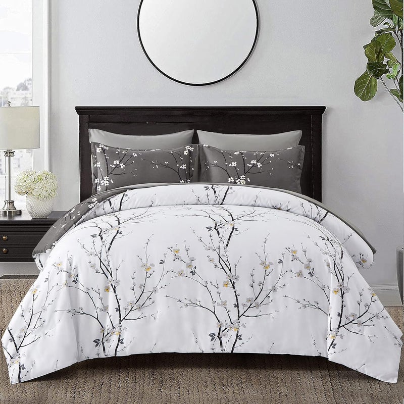 WONGS BEDDING مجموعة أغطية لحاف رمادية بيضاء قابلة للتحويل، مكونة من 3 قطع، مطبوع عليها أغصان الأشجار وزهور التوت، مقاس كينج (220x230 سم) - Image 2