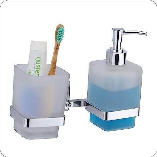 ORCE BATH ARTICLE soap Dispenser with Toothbrush Holder for washbasin Liquid Dispenser and Brush Holder for Bathroom Tumbler Holders dispensers LX27(304 Stainless Steel,Chrome Finish,Frosted Glass) - Image 2