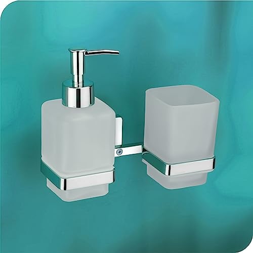 ORCE BATH ARTICLE soap Dispenser with Toothbrush Holder for washbasin Liquid Dispenser and Brush Holder for Bathroom Tumbler Holders dispensers LX27(304 Stainless Steel,Chrome Finish,Frosted Glass) - Image 1
