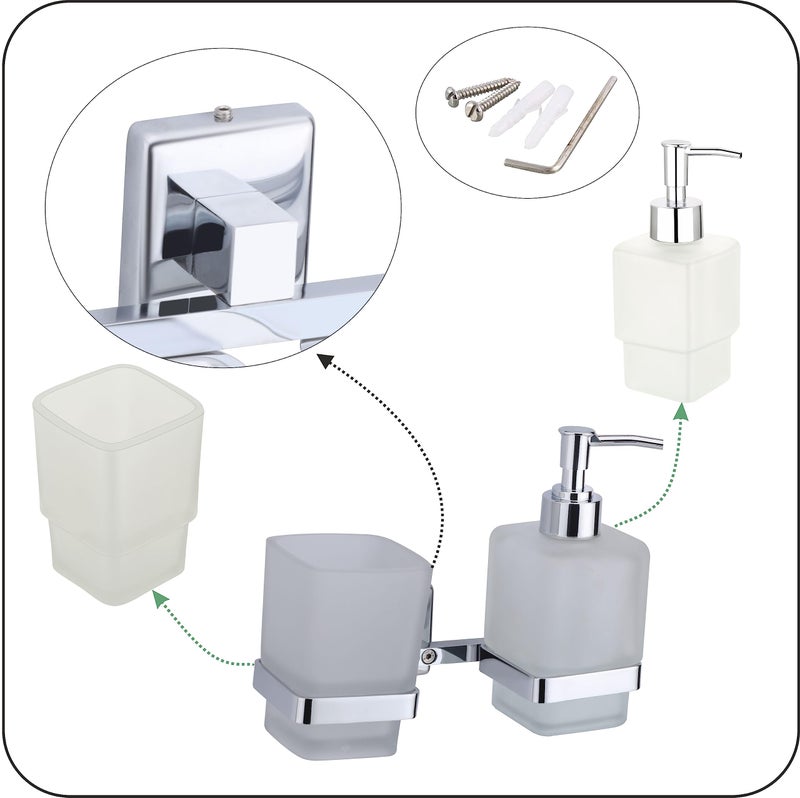 ORCE BATH ARTICLE soap Dispenser with Toothbrush Holder for washbasin Liquid Dispenser and Brush Holder for Bathroom Tumbler Holders dispensers LX27(304 Stainless Steel,Chrome Finish,Frosted Glass) - Image 5