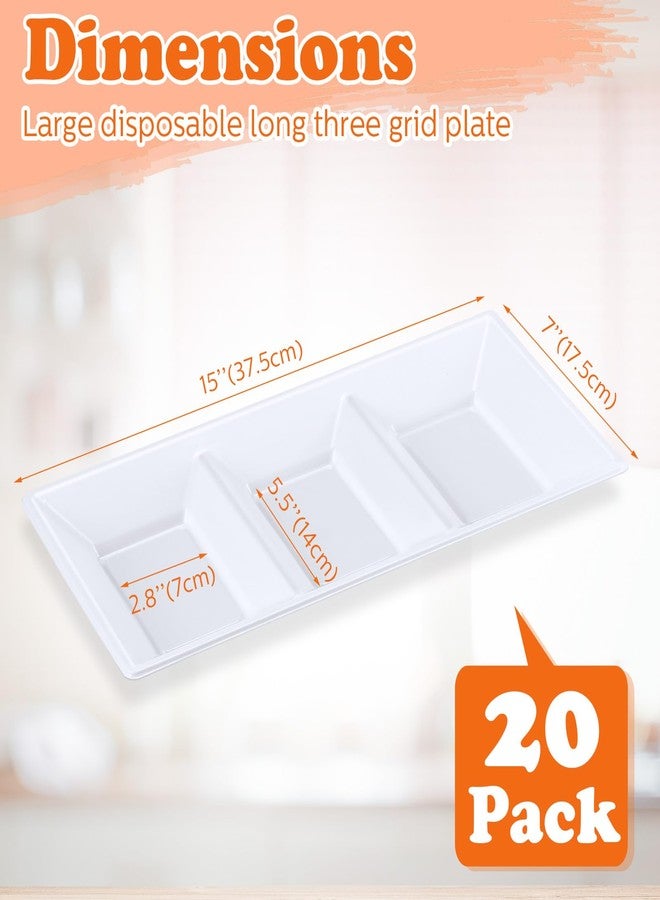 Ziliny 20 Pcs Divided Serving Tray Set Large White Plastic Serving Platter 3 Section Serving Dishes Disposable Party Platter Plastic Platters Food Serving Plates for Snack Desserts Fruit Kitchen - Image 2
