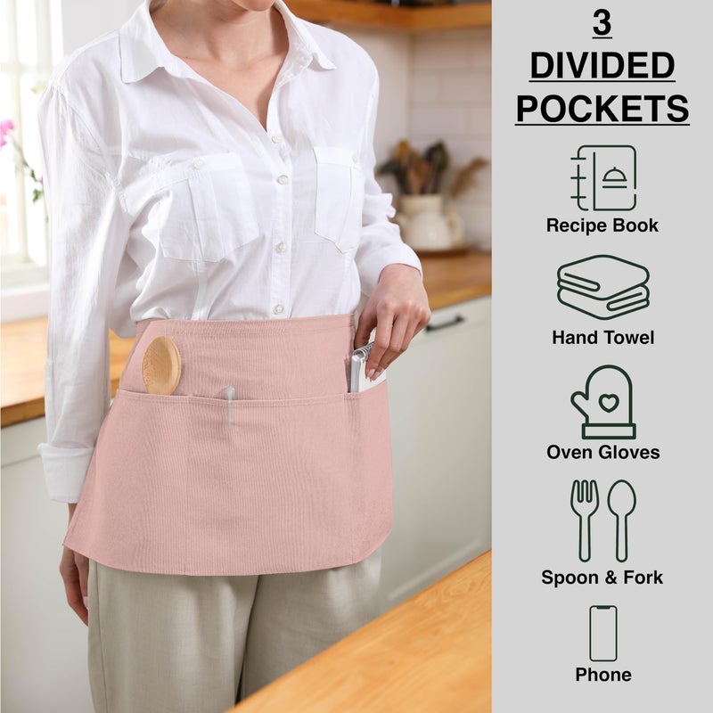TOSHE Waist Apron with 3 Pockets Waterdrop Resistant Premium Cotton Waitress Apron 10 Color Option Server Apron Chef Apron (Powder Pink) - Image 3