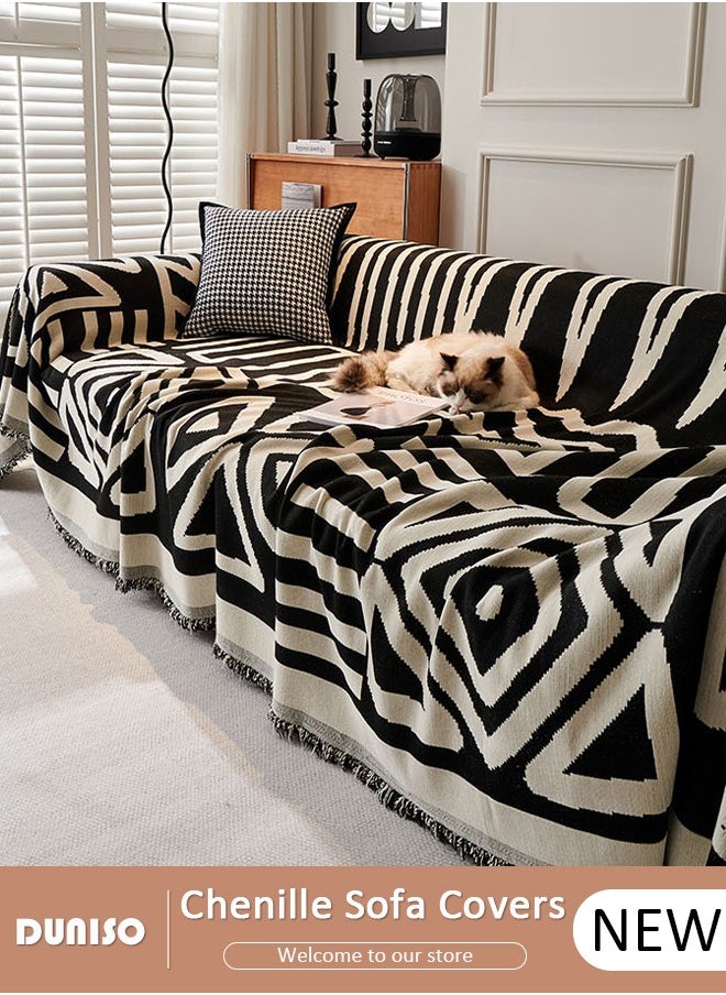 DUNISO Chenille Sofa Covers, Washable Geometric Jacquard Bohemian Couch Cover,Tassel Pattern Sofa Cover,Four Seasons Washable Sofa Blanket, Couch Furniture Protector, Non Slip Sectional Sofa Slipcover(180*300)  - Image 1