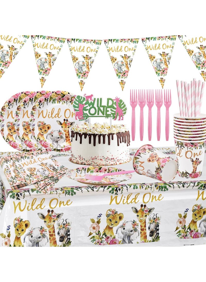 KASTWAVE Jungle Animal Party Supplies 63 PCS Wild One Party Reusable Tableware Plates Paper Cups Napkins Tablecloth Straws Pennants Forks Set for Girls Kids Birthday Baby Shower Dinner Dessert Party Supplies - Image 1
