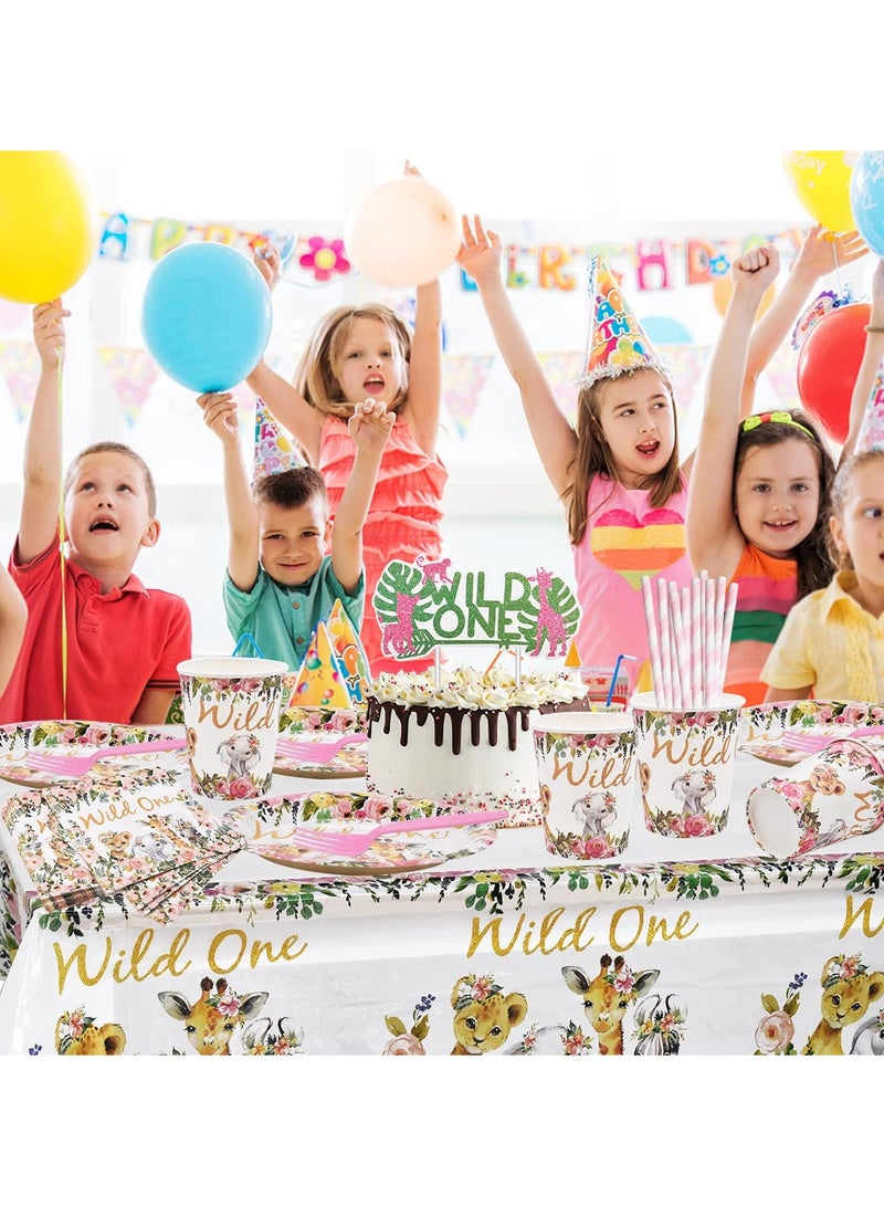 KASTWAVE Jungle Animal Party Supplies 63 PCS Wild One Party Reusable Tableware Plates Paper Cups Napkins Tablecloth Straws Pennants Forks Set for Girls Kids Birthday Baby Shower Dinner Dessert Party Supplies - Image 4