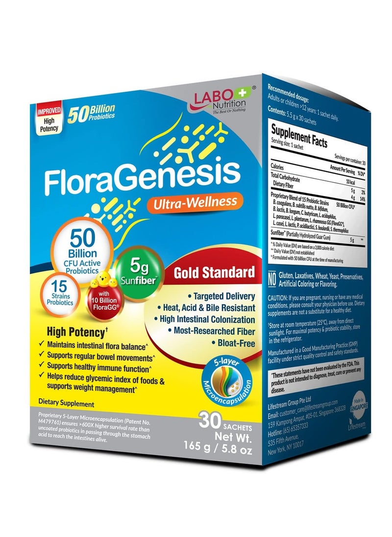 LABO Nutrition - FloraGenesis - Probiotics 50 Billion CFU for Women & Men, 15 Strains, 600x More Survivability, Delayed Release, Stomach Acid Resistant, for Gut and Digestive Health - 30 Bags Powder - Image 1
