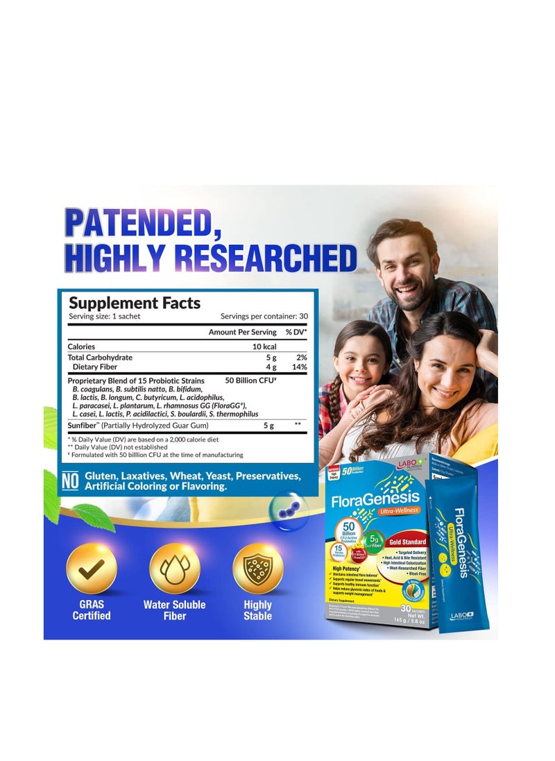 LABO Nutrition - FloraGenesis - Probiotics 50 Billion CFU for Women & Men, 15 Strains, 600x More Survivability, Delayed Release, Stomach Acid Resistant, for Gut and Digestive Health - 30 Bags Powder - Image 1