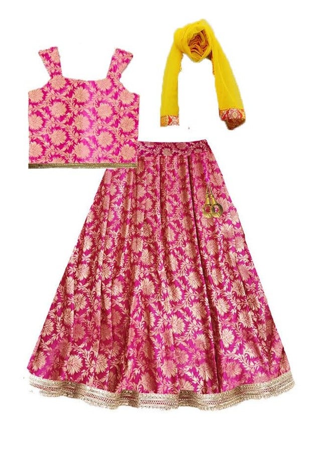 HIBA CREATIONS Baby Girl kids Readymade Banarsi lehenga choli with dupatta set in Rani Pink Color 0-3 Months - Image 1