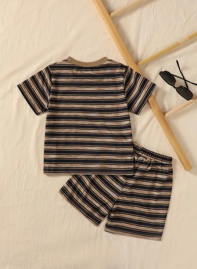 Take Two Boys Multi-Color Striped Slogan Print T-Shirt and Shorts Set